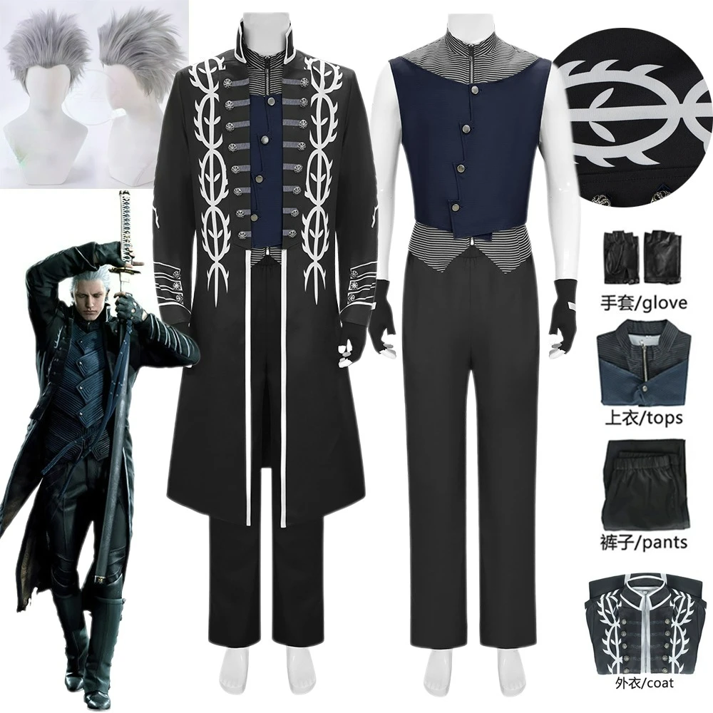 

DMC5 Vergil Cosplay Costume Game Nelo Angelo Jacket Vest Full Set Vergil Cos Wig Outfit Halloween Carnival Men Suit Comic Con