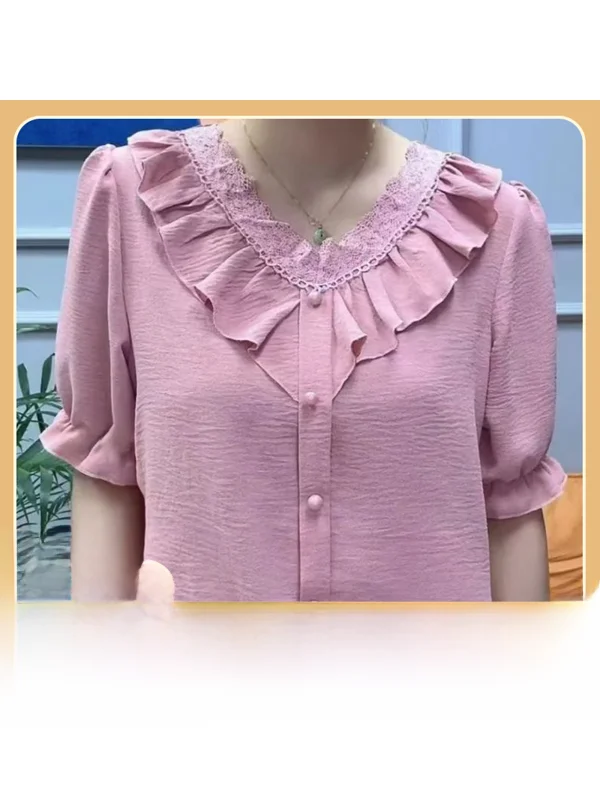 

Summer New Women's Loose V-Neck Short Sleeve Fashionable Top Outerwear Silk Chiffon Shirt Knot Straight Cut Design