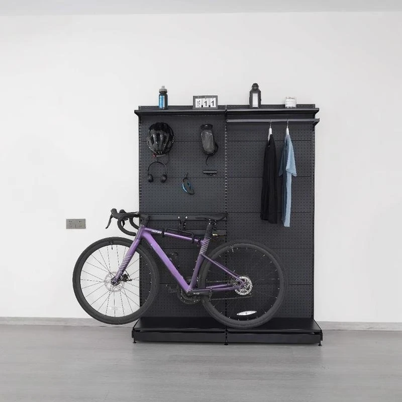 

Bicycle hangers, hole board shelves, floor storage racks
