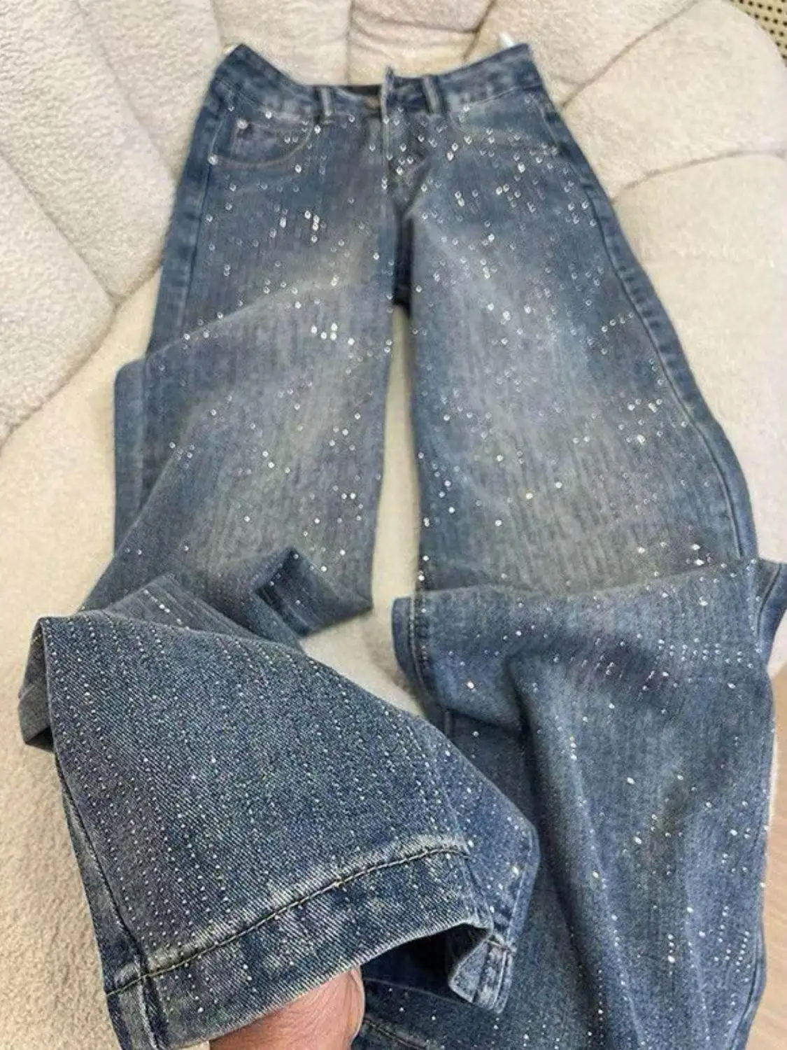 

Джинсы с камнями для женщин, широкие прямые брюки с высокой талией, свободные штаны в стиле Y2K, женская одежда