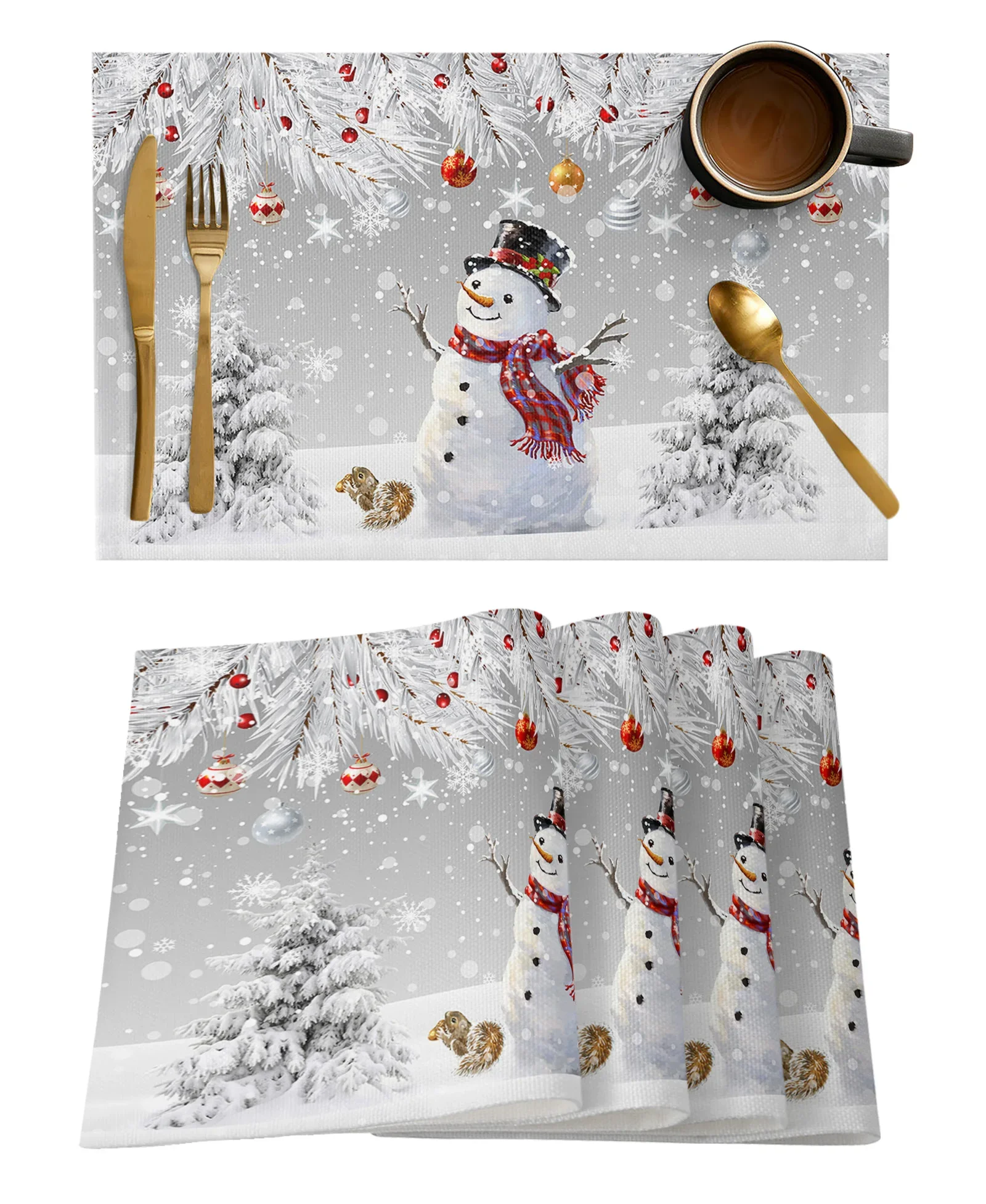 4PCS คริสต์มาสเงิน FIR ใบ Snowman Placemats ผ้าลินินโต๊ะรับประทานอาหาร Mats Coaster ชามถ้วยกาแฟห้องครัวตกแต่งบ้าน