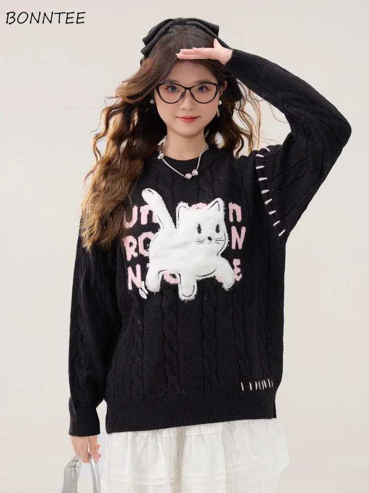 

Черные пуловеры с круглым вырезом для женщин, милая вышивка, мультяшный кот, нежный американский стиль, уличная мягкая теплая осенне-зимняя студенческая одежда