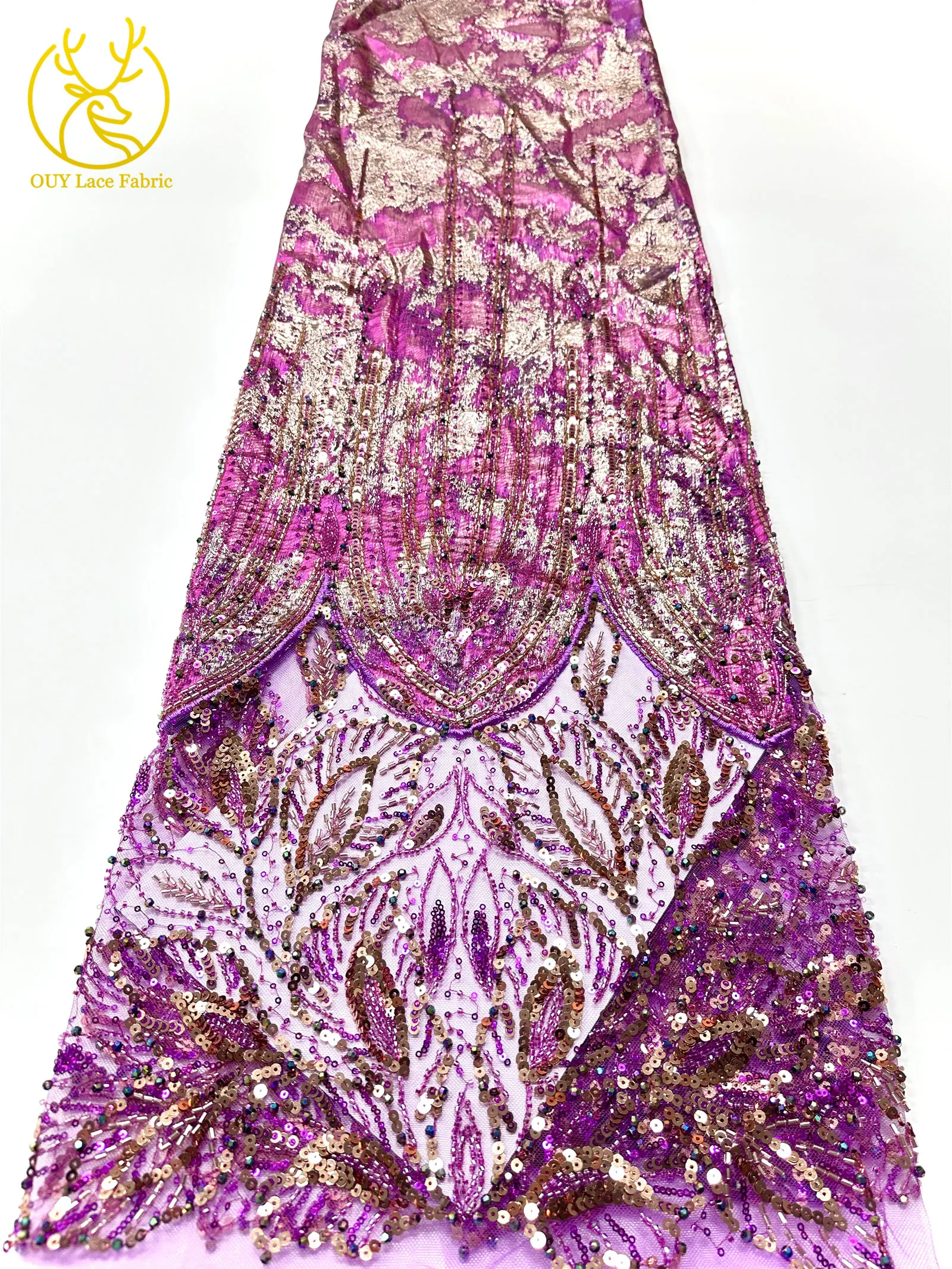 2026 Luxuriöser afrikanischer Chiffon-Spitzenstoff mit schweren Perlen, lila nigerianischer Pailletten-Spitzenstoff, geeignet für Damen-Partykleider – Detail 10
