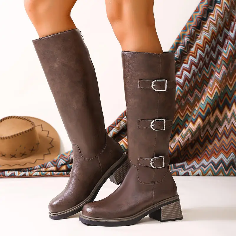

Vintage Metal Buckle Thick Heel Riding Boots Women 2025 Winter Square Toe Leather Knee High Boots Plus Size Woman's Long Booties