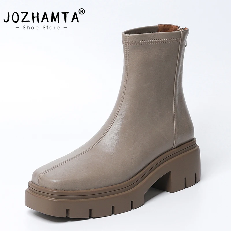 

JOZHAMTA Size 33-40 Women Ankle Boots Elastic Leather Thick High Heels Shoes Platform Short Booties Casual Office Stretch Boots