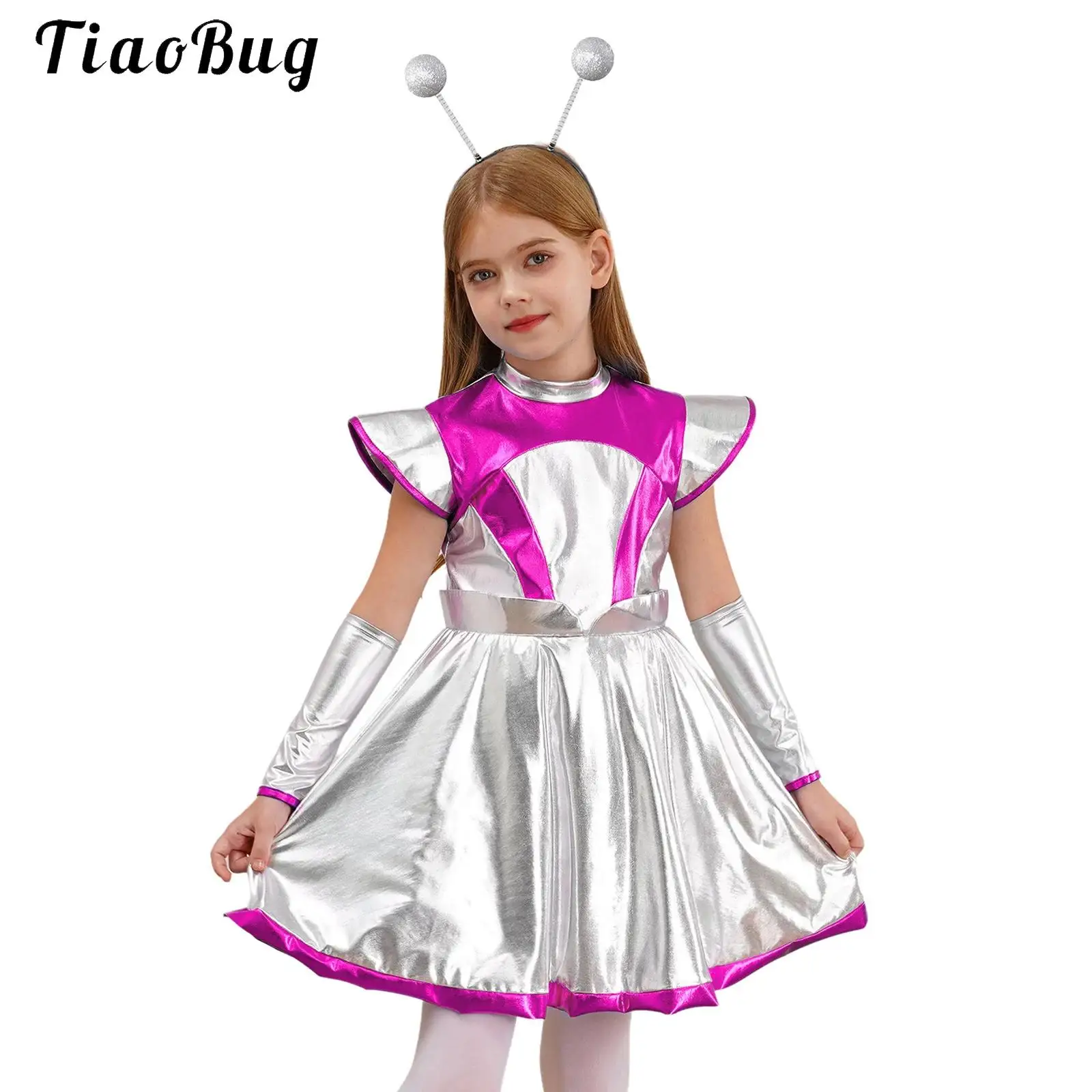 Holographic Space Astronaut Alien Cosplay Costume kids Girls Halloween Outerspace A Line Tutu Dance Dress and Hair Hoop Set