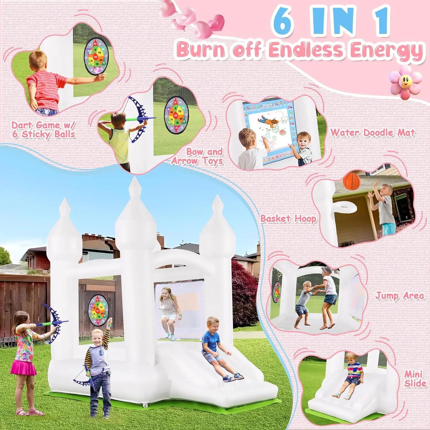 Maison de rebond gonflable pour enfants de 3 à 6 ans, maison de saut blanche pour avec toboggan, 108 ballons, arc et flèche, intérieur B