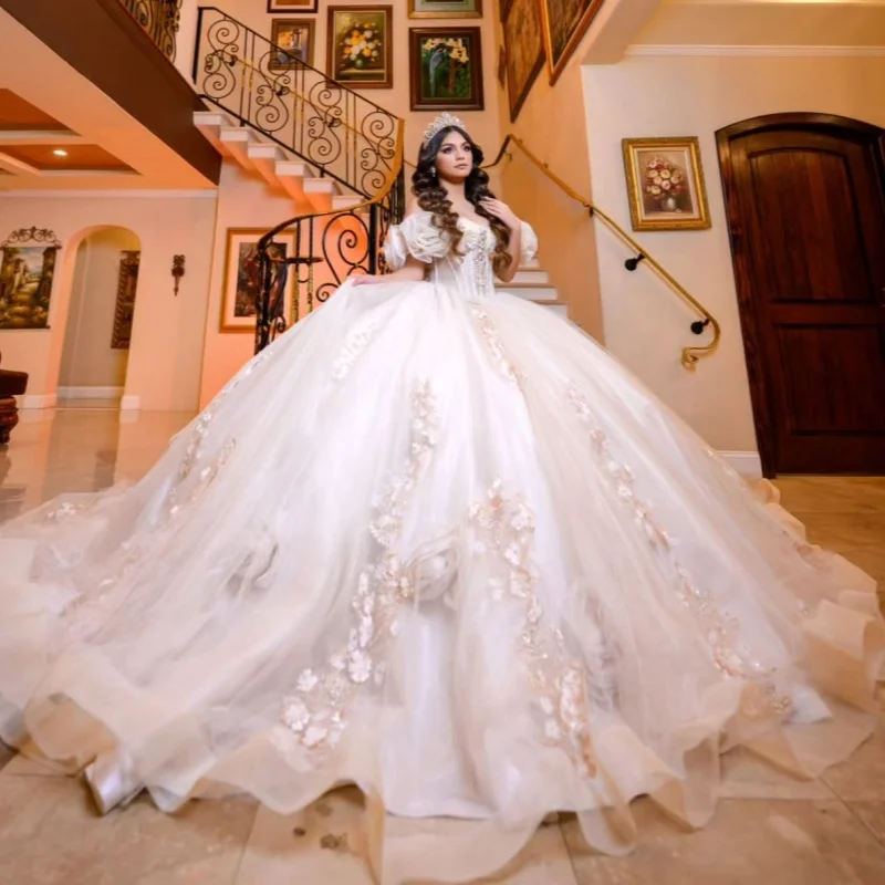 

Beige Quinceanera Dresses Off Shoulder Ball Gown Sweet 16 Dress Applique Flower Beads Tull Corset Birthday Party Vestidos 15 De
