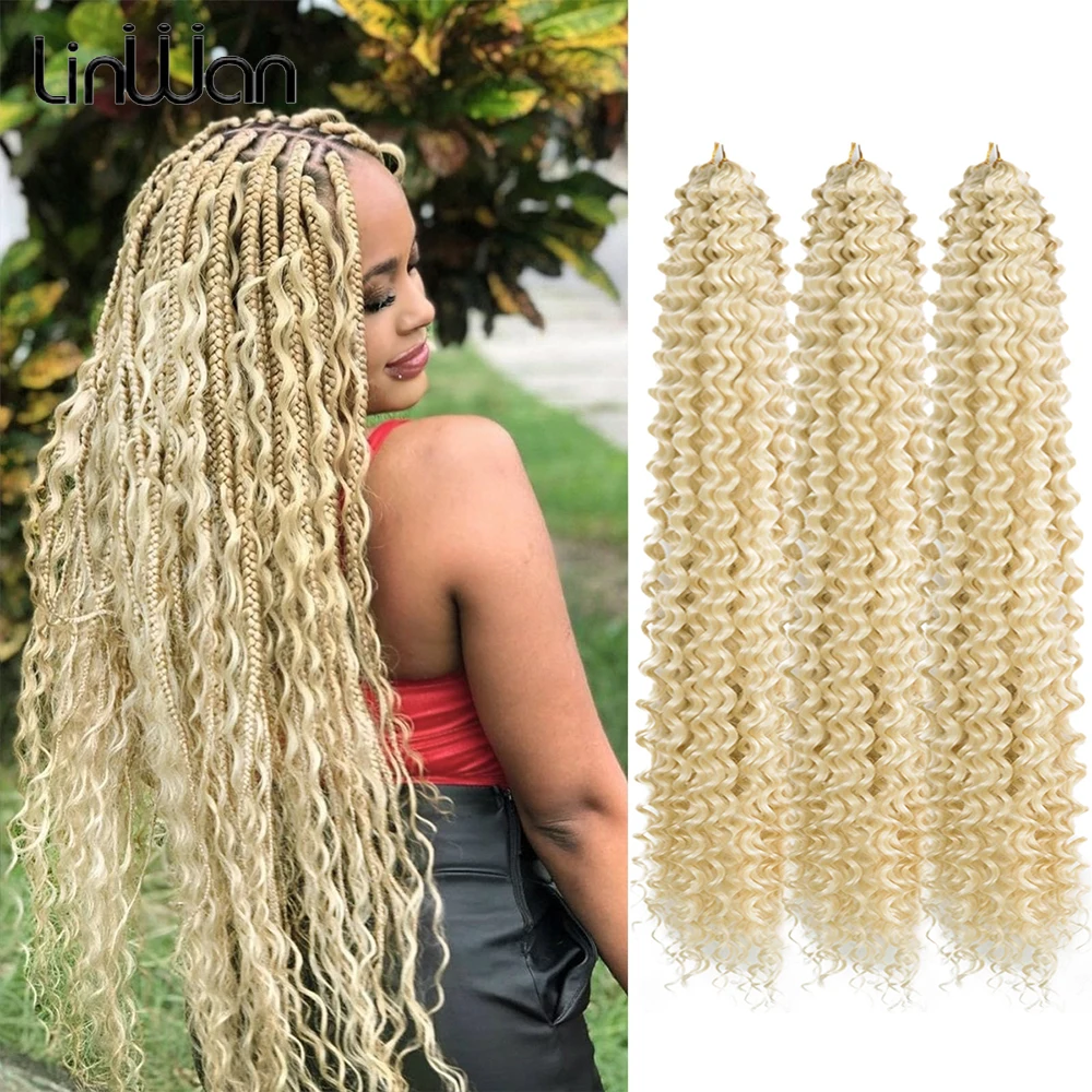 Linwan-Extensions de cheveux tressés synthétiques à vague profonde, cheveux bouclés au crochet, cheveux ondulés ombrés, blond, 28 pouces