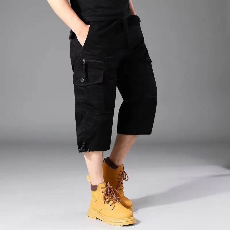 Trendy American Workwear Pants for Men Straight Leg Multi Pocket Pure Color Casual Six Feet Summer Polyester Fiber mid Waist