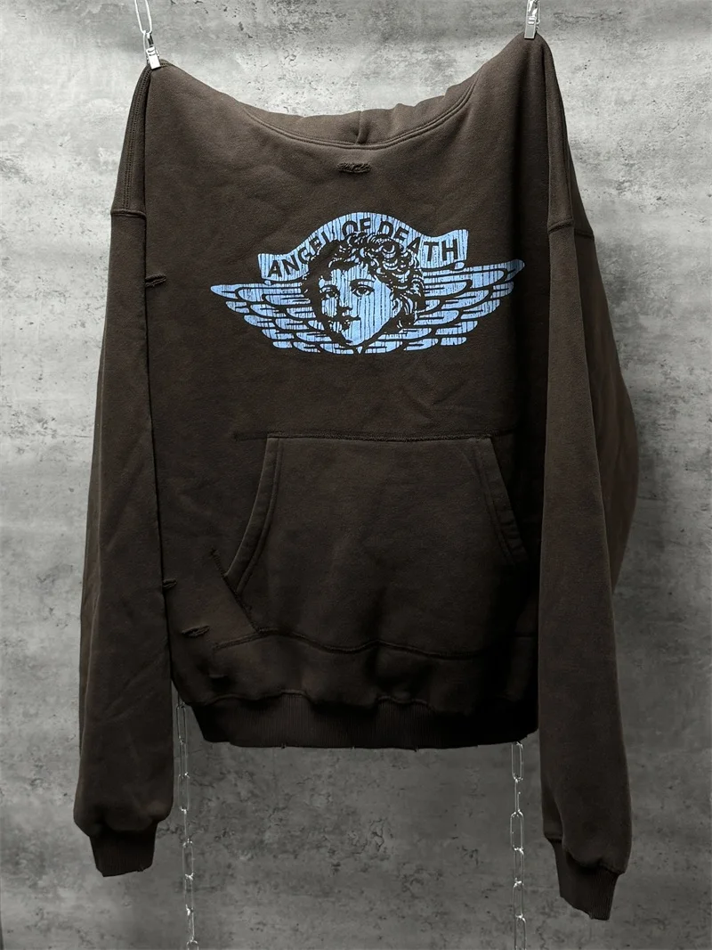 Ange Printing Saint Michael Hoodies Men Women Oversized Pure Cotton Brown Sweatshirt