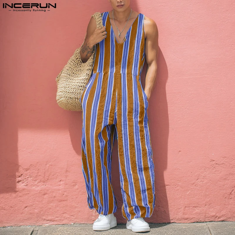 INCERUN Jumpsuit Pria Bergaris Kerah V Tanpa Lengan Romper Pria Kasual Pakaian Jalanan Longgar Liburan Musim Panas Fashion Overall Pria S-5XL
