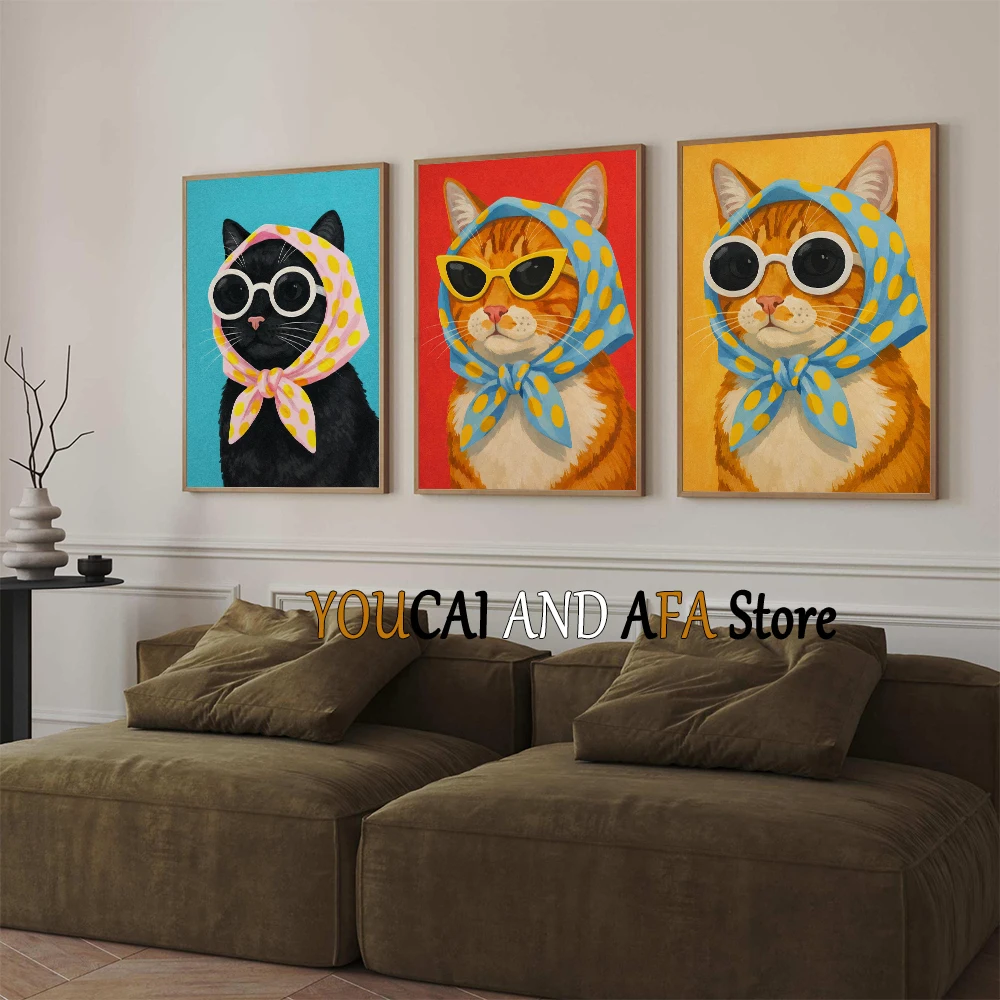 Funny Dog Cat with Headscarf Farmhouse Animal Chic Retro Scarf Kitty Funny Bar Poster Canvas Painting Wall Pictures Home Decor