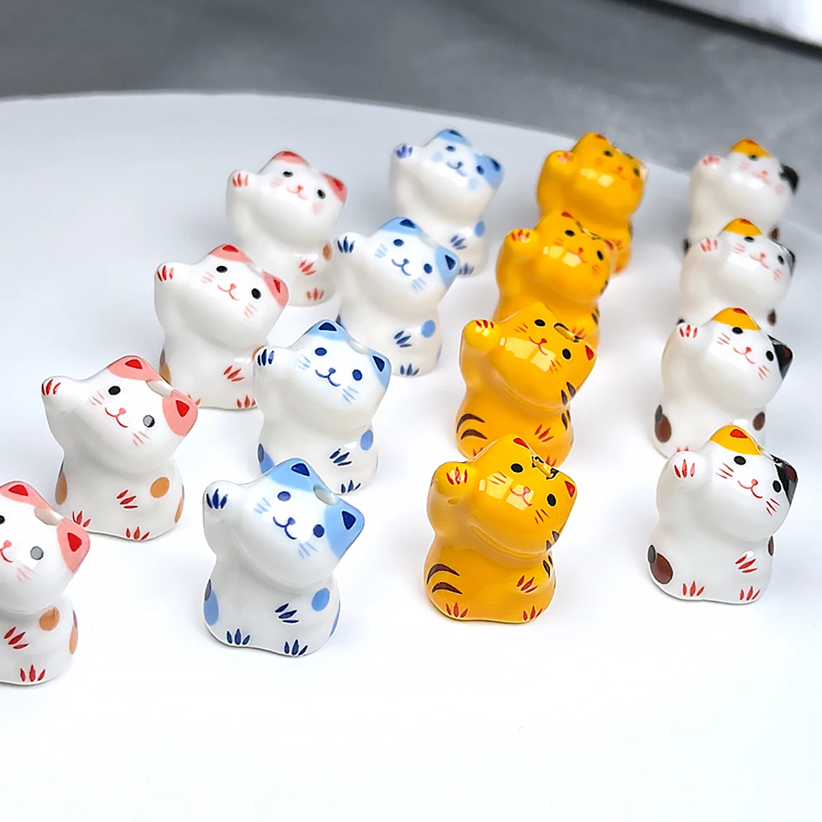 16x20mm 4pcs/set Cute Multicolor Vertical Hole Lucky Cat Animal Ceramic Bead Jewelry Making DIY Keychain Pendant Porcelain Bead