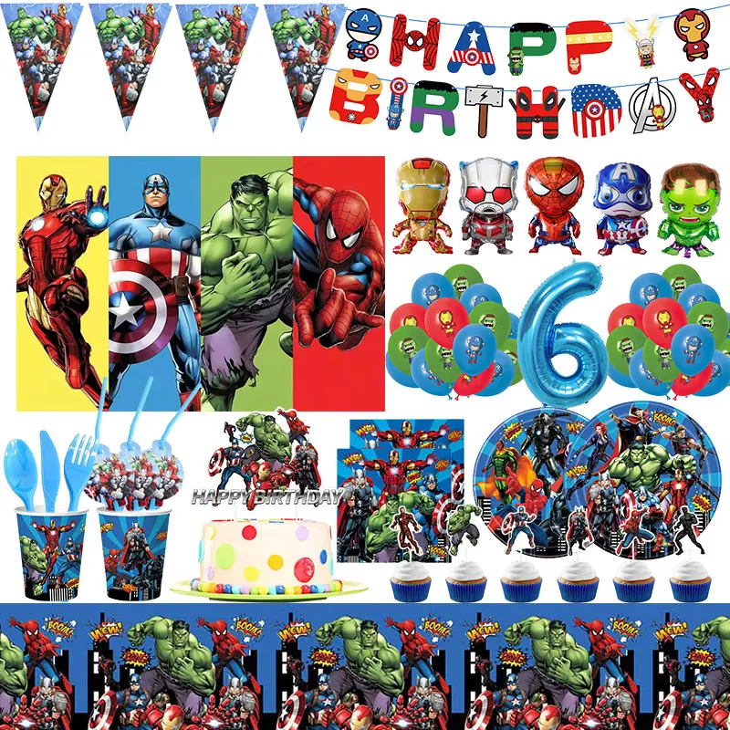 Assiettes standard en papier de décoration d\'anniversaire Marvel, fournitures de fête Avengers, nappe britannique, toile de fond de héros souriant,
