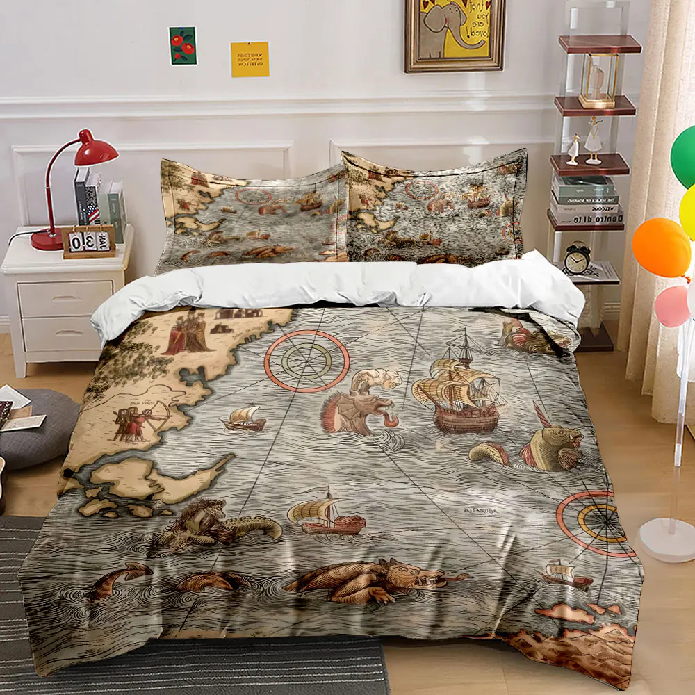Monsters and Ships on Ancient Map Print Soft Comfortable Duvet Cover Bedding Set Included 1*Duvet Cover 2*Pillowcases
