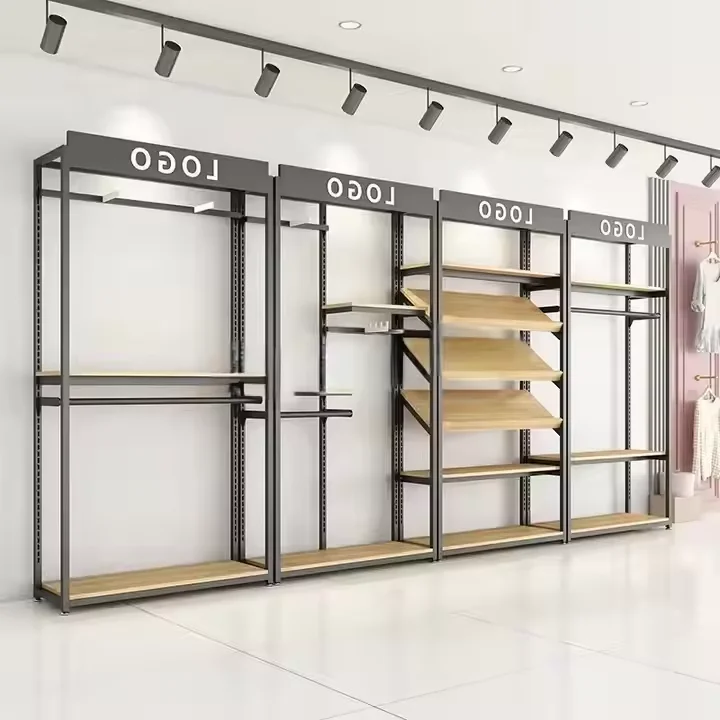 Rak Pajangan Toko Ritel Custom, Rak Pameran Logam, Rak Pajangan Baju Kayu dan Stainless Steel OEM Supermarket untuk S
