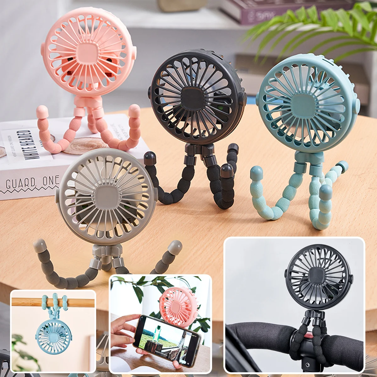 

Octopus shape handheld fan standing, hanging and winding 4 forms night light design rechargeable long battery life mini student