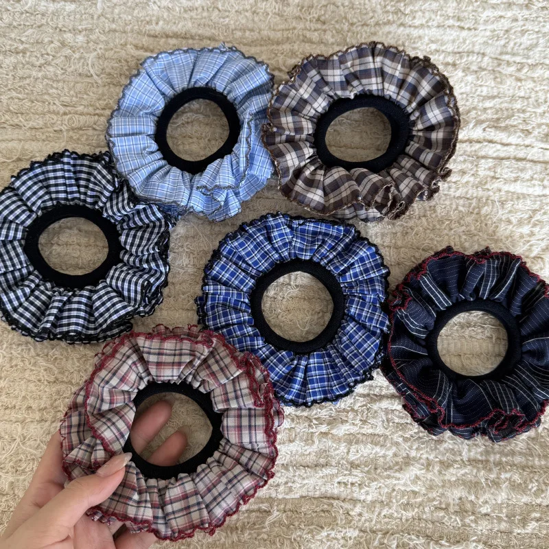 New Double Layered Grid Pattern Pleated Lace Hairbands Women Rubber Bands Headband High Elastic Durable Headband Navy Hair Ropes
