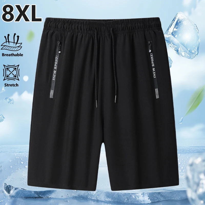Plus Size 8XL Men Quick Dry Bermuda Beach Shorts Summer Stretch Ice Silk 5 Inch Gym Jogging Sports Shorts with Zippered Pocket