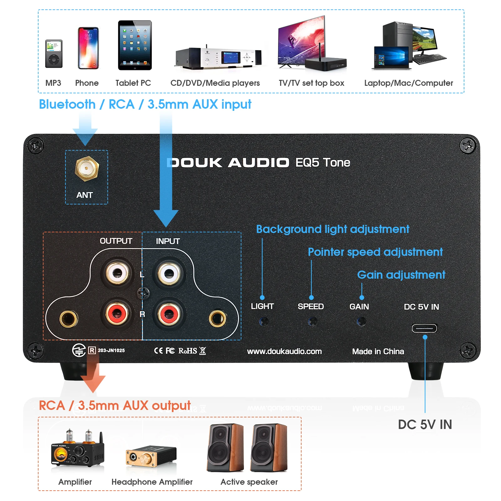 Nobsound eq5 pro mini pré-amplificador eq de 5 bandas estéreo bluetooth equalizador processador de áudio de mesa em casa com medidor vu