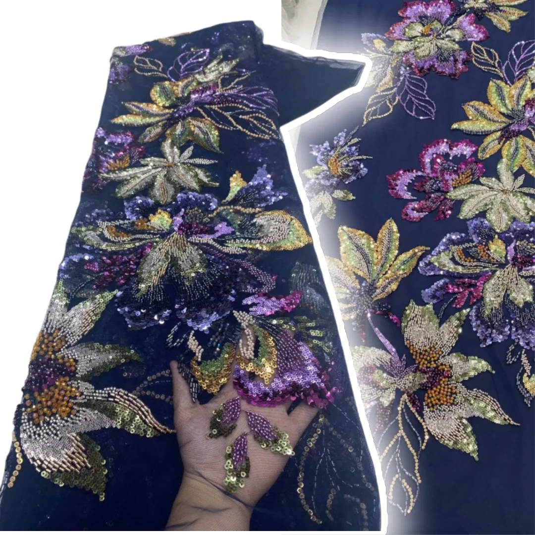 

Африканская французская кружевная ткань с бисером, 2025 г., высококачественное кружево с вышивкой, нигерийское тюлевое кружево с 3D блестками для шитья вечернего платья SZ979