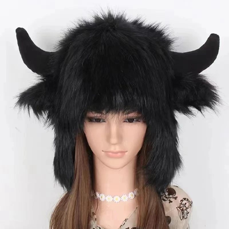 

black cow thunderbolt hat winter warm ear protection personality windproof cold riding electric car cotton hat