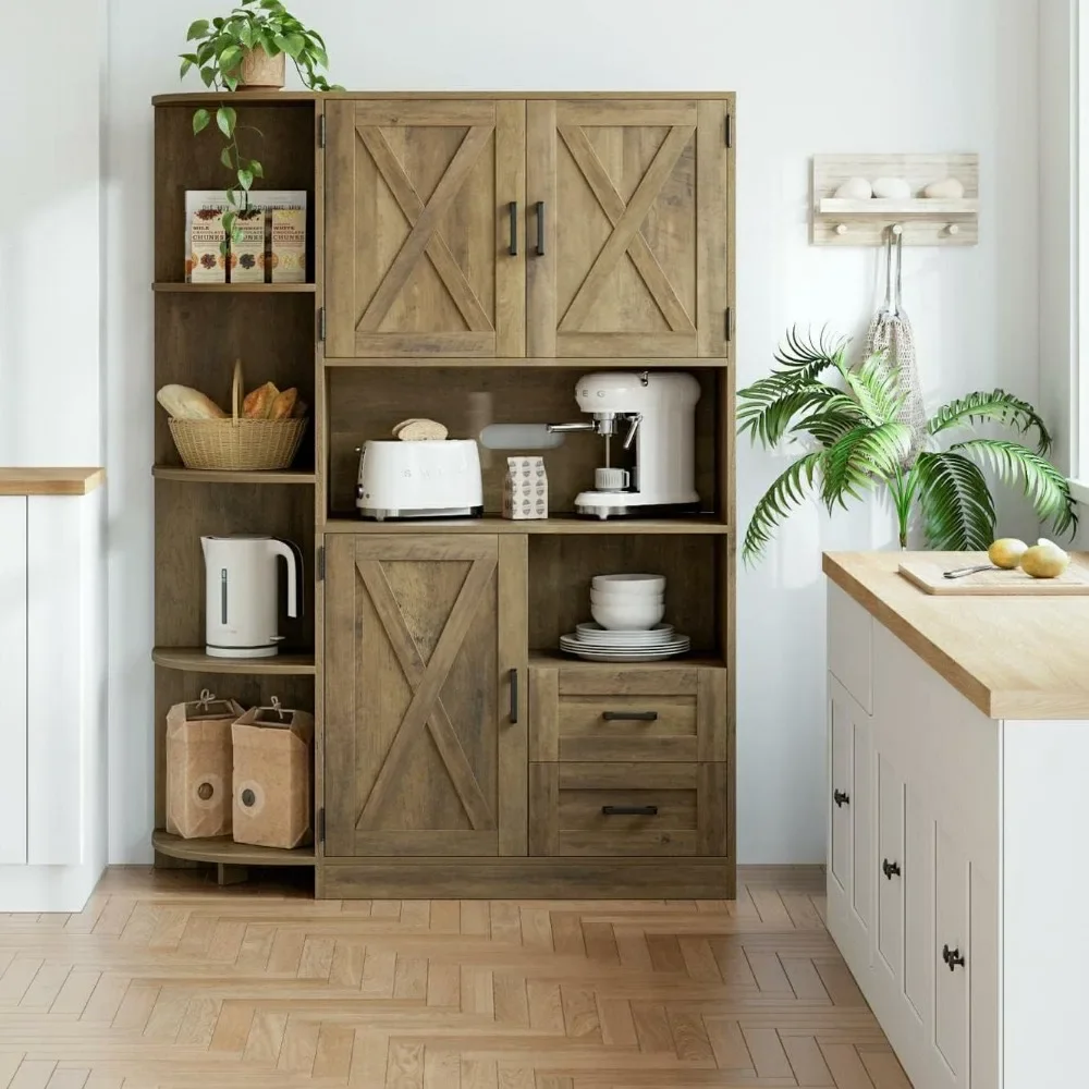 

60.4" Farmhouse Kitchen Pantry Storage Cabinet, Freestanding Hutch with Doors & Shelves, Buffet Sideboard with Microwave Stand