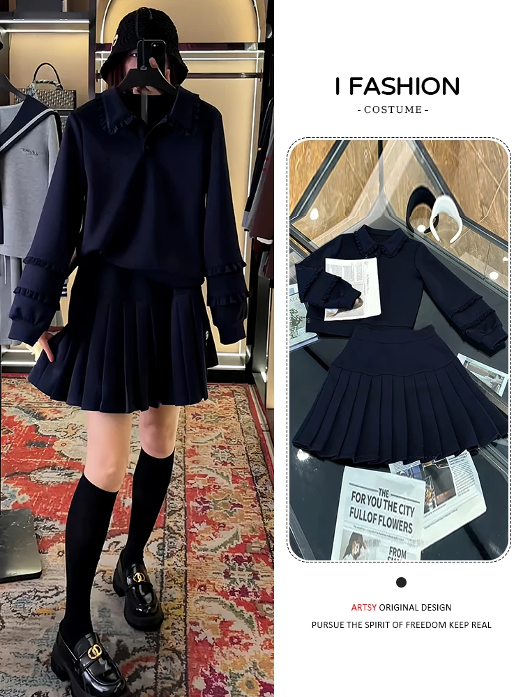 Autumn Faion Set Women's 2025 New Sle Slim Fit Long Sve Sweatirt Pleated Skirt Two Piece Set College Sle Design
