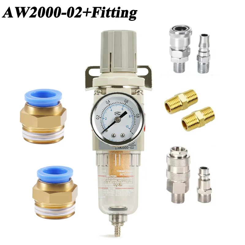 AW2000-02 Pneumatic Compressor Air Filter Air Filter Pressure Regulator Combo Piggyback, Air Tool Compressor Filter with Gauge