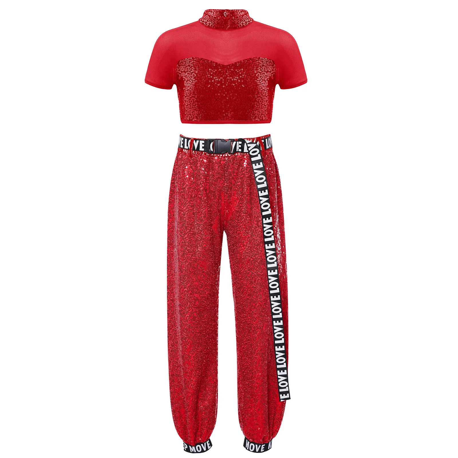 Mädchen Pailletten Jazz Hip Hop Modern Street Dance Outfit Kurzarm Crop Tops mit Hosen Set Trainingsanzug Schule Cheerleader Uniform