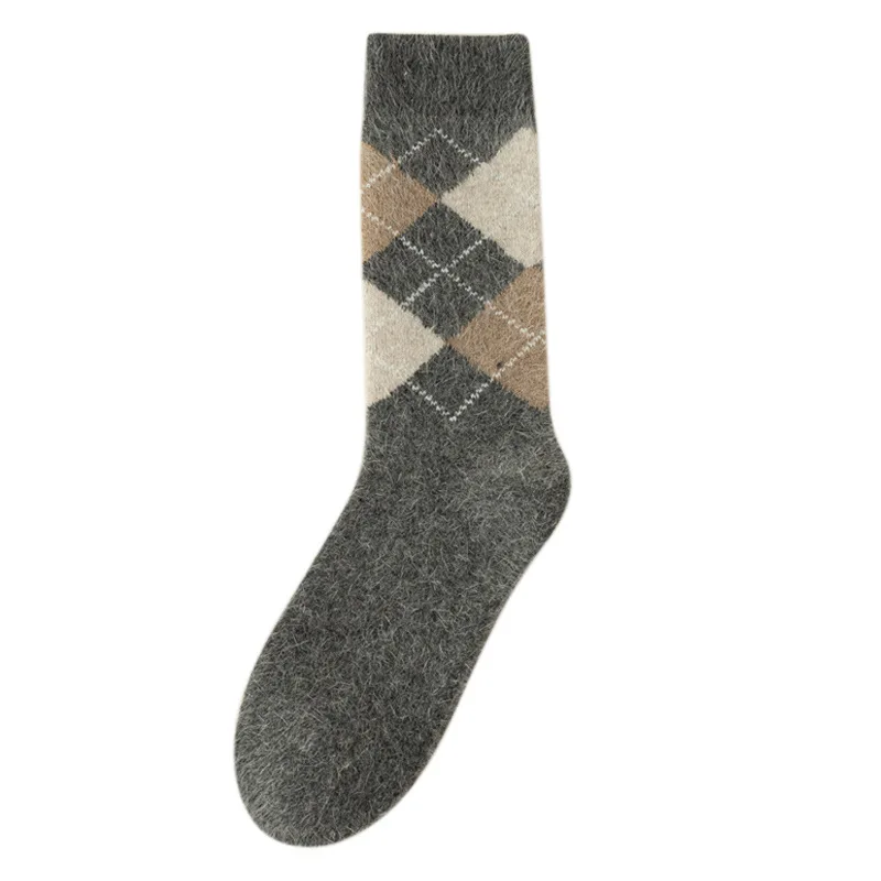 Sock Leisure Athletic Sports Crew Dress Rabbit Fur Cashmere Fleece Retro Checkered Thickened Warm Winter Extended Men B8W139
