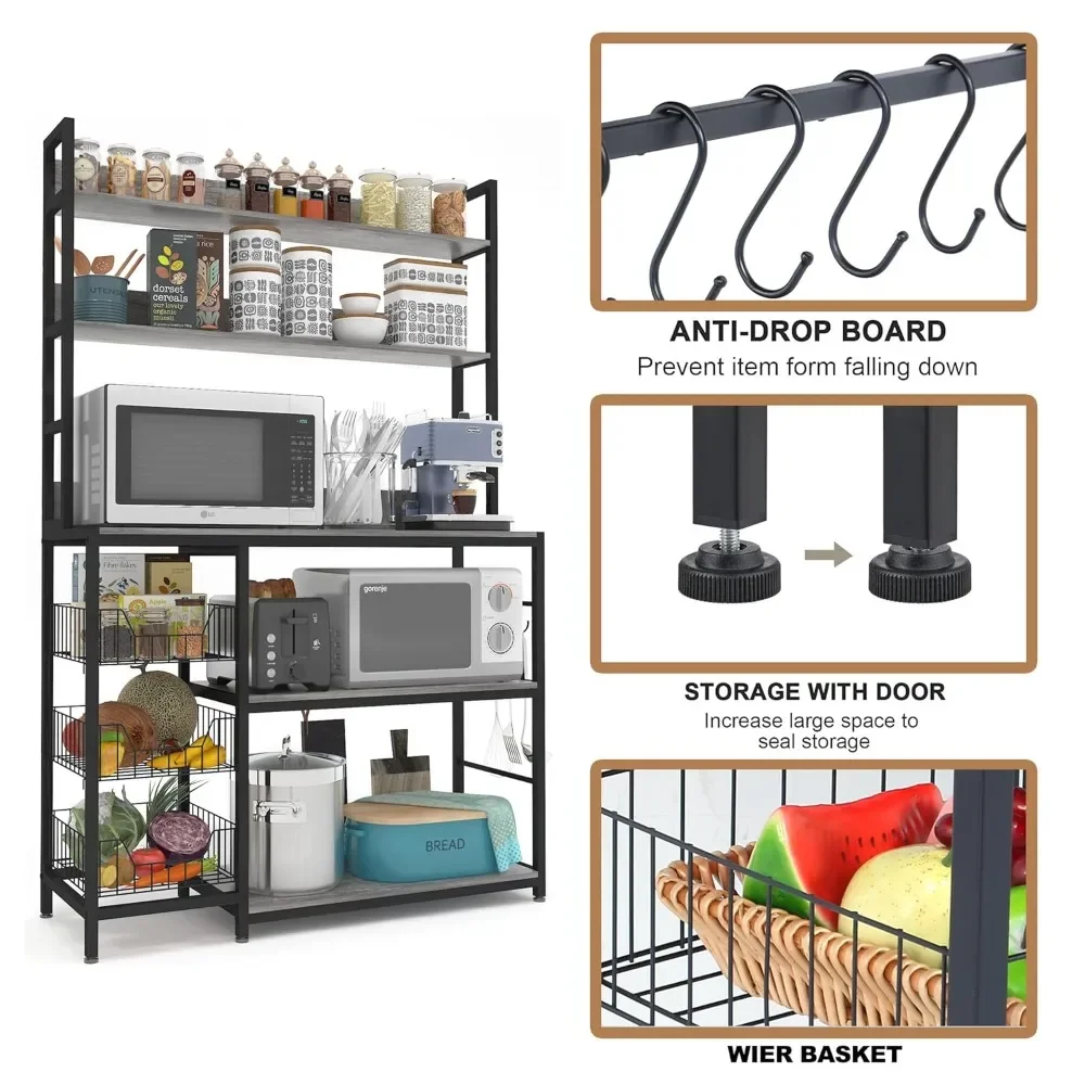 

Kitchen Bakers Rack with Baskets, Free Standing Shelf,5-Tier Kitchen Utility Storage Shelf with Hooks, Microwave, Customized