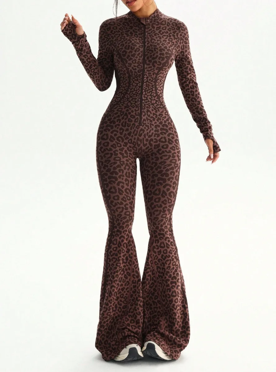 BB Zipper Women Seamless Jumpsuits Long Sleeve One Piece Yoga Set Leopard Fitness Gym Bodysuits Flare Pants Sports Activewear