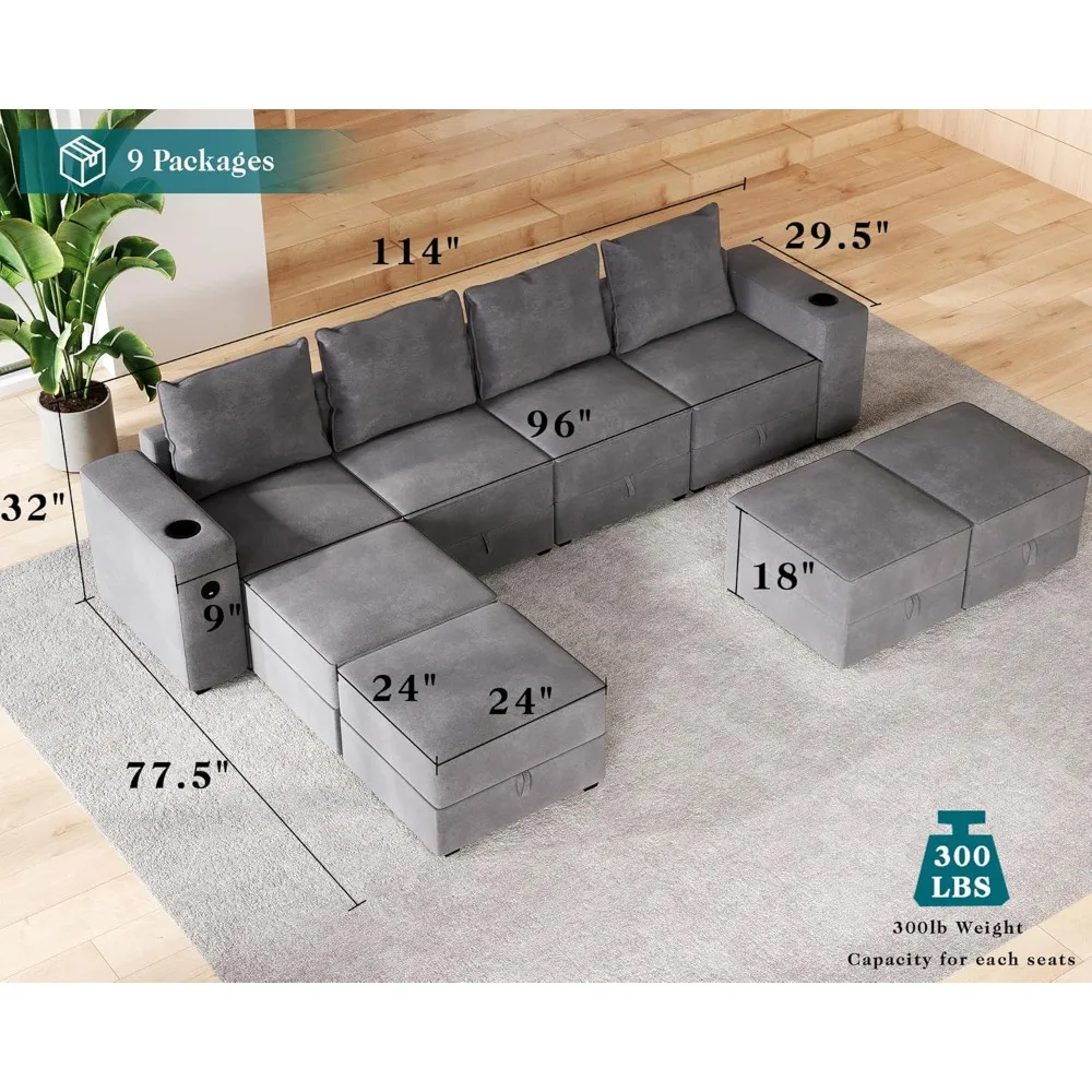 Sectional Sofa, 114 Inch Modular Sectional Sofa with 2 USB Ports & Cup Holders, 8 Seats U Shaped Couch with Storage, Ottomans