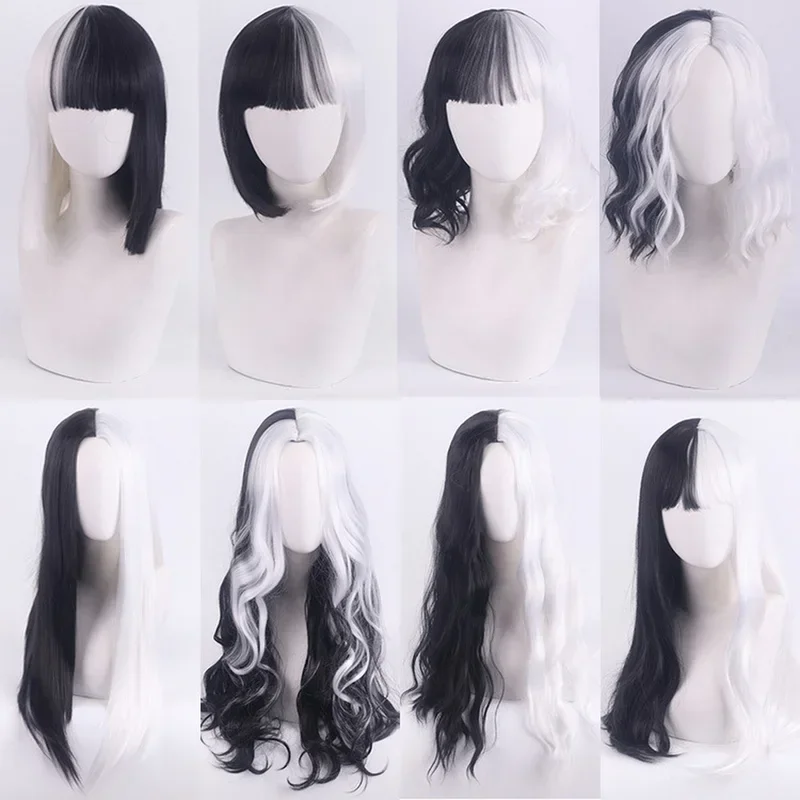 

Anime Movie 101 Cruella De Vil Mix Black White Cosplay Wig Synthetic Hair Halloween Party Wigs For Women Adult MN12