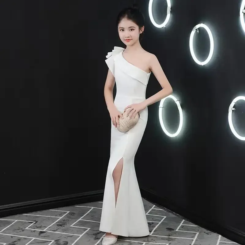 Ruffle Sexy Slit Kid Evening Dress Children Girl Bodycon One Shoulder Ball Gowns Birthday Elegant Mermaid Wedding Party Dresses