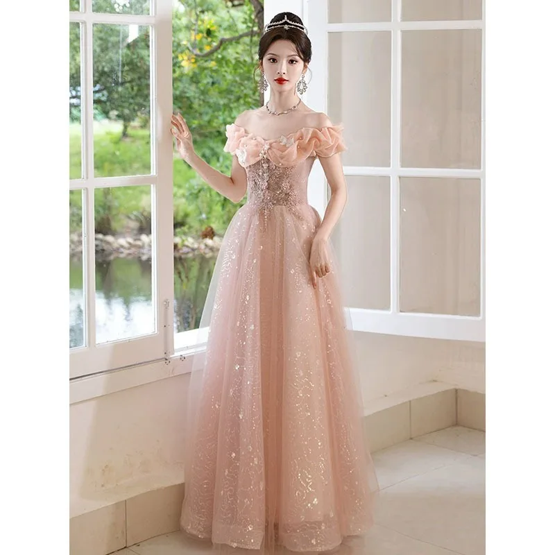

Ladies' New Pink Sequined One Shoulder Sweet Evening Dress, Fashionable Gift Art Examination Annual Meeting Host Dress