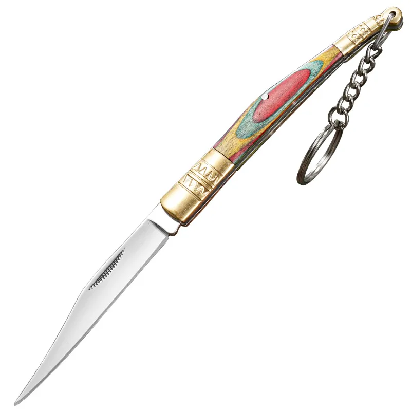 Color Wood Handle Folding Knife, Stainless Steel Keychain Pocket Knife, Portable Fruit Knife for Camping Outdoor Daily Use
