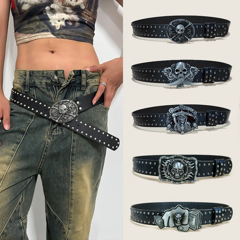 Skull Fist Money Dollar Metal Buckle Studded Belt Unisex Punk Rock Hip Hop Streetwear Party Clubwear Accessories for Men Women