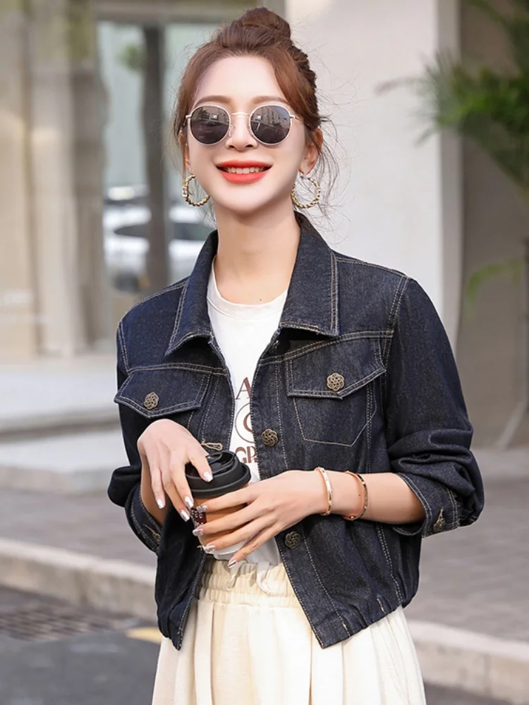 

ort Casual Denim Jaet Women's Sle Loose Fit Korean Slimming Turn-down Collar Autumn Season Faion Commute Wind