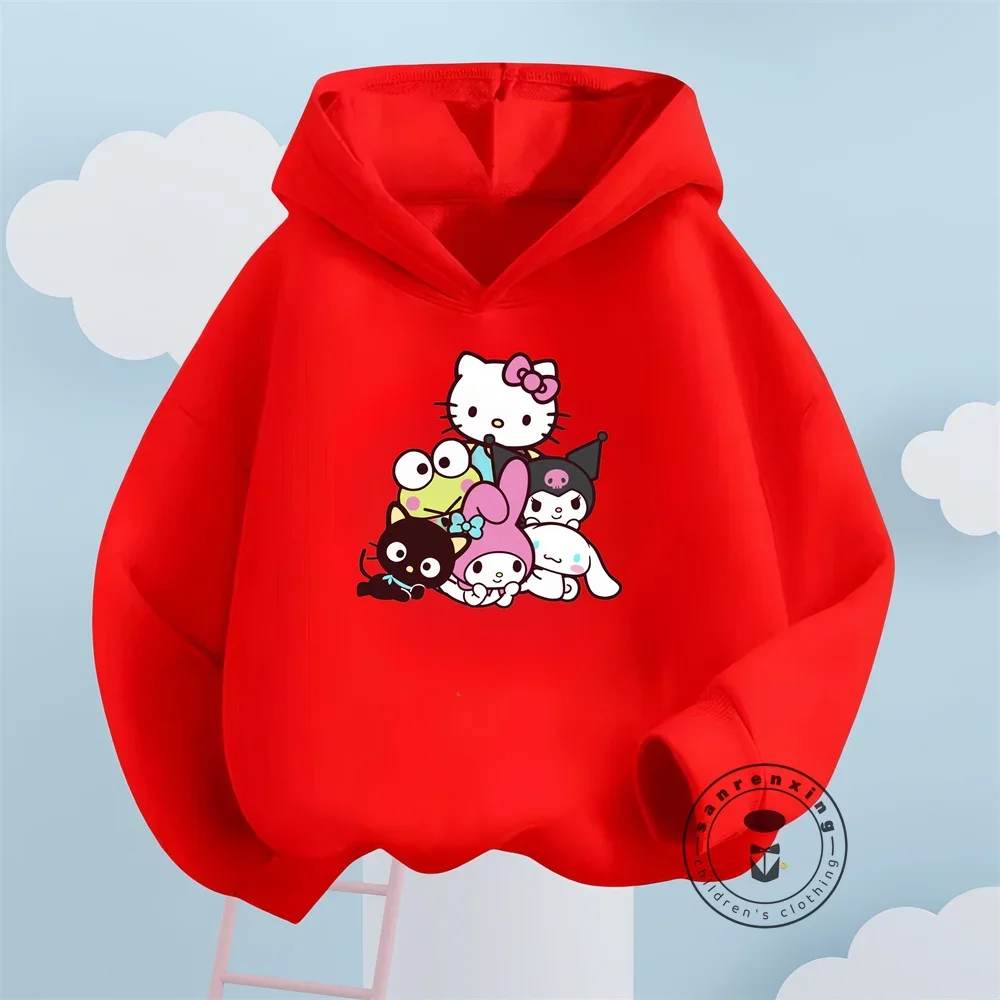 Cheerful Hello Kitty Fashion Hoodies Featuring Solid Colors Vibrant Kawaii Graphics Sanrio Autumn and Winter Tops for Children