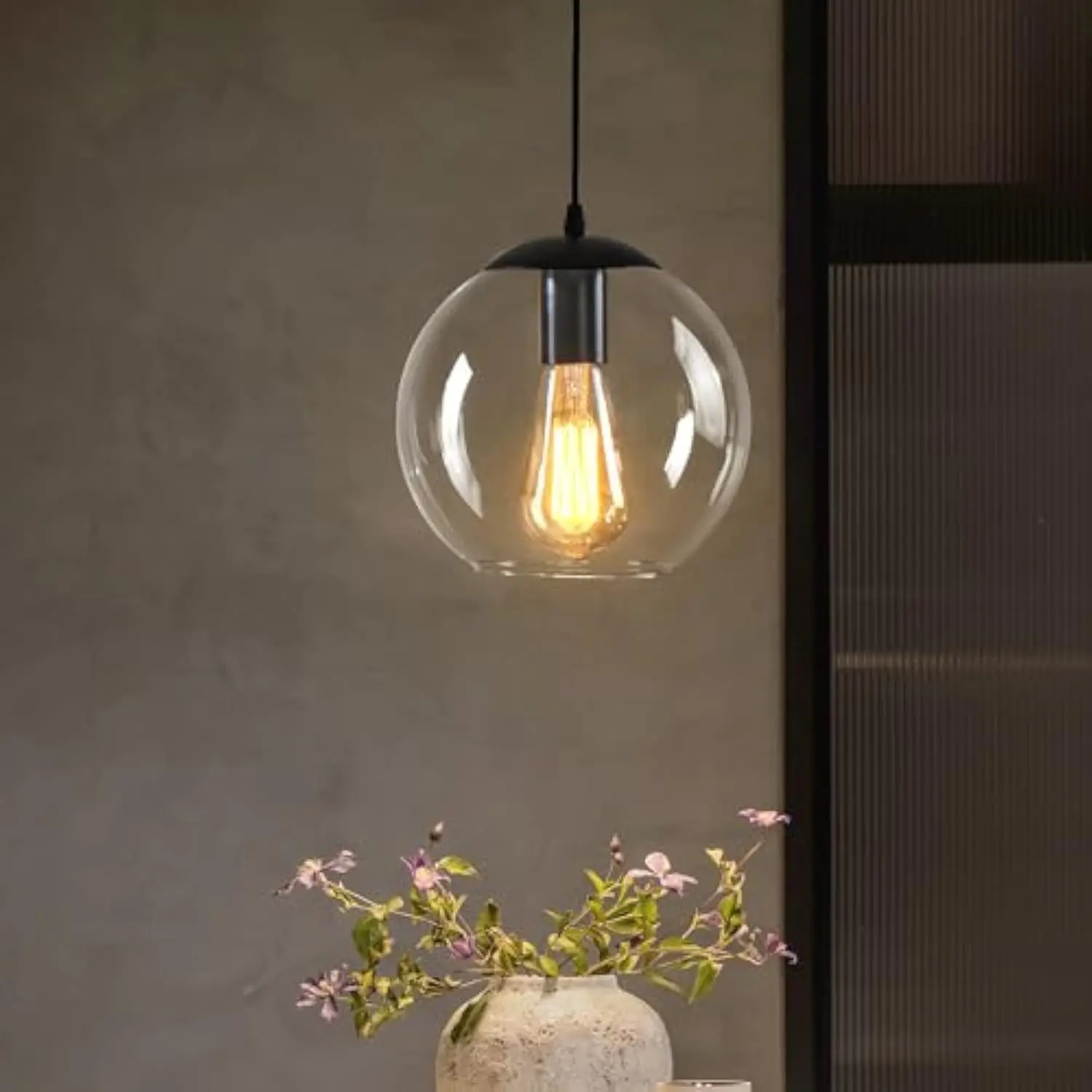 

1 Lights Globe Pendant Light, Modern Hanging Lighting Fixture, Matte Black Classic Cluster Chandelier with Clear Glass Shades f