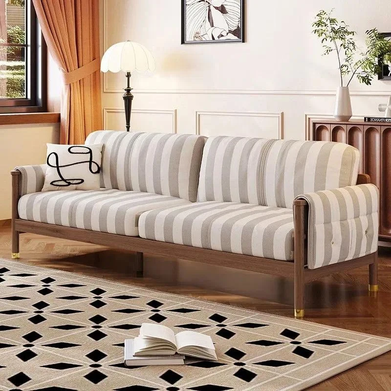 Solid wood gray sofa retro light luxury 3-seat striped fabric removable washing cover small apartment living room