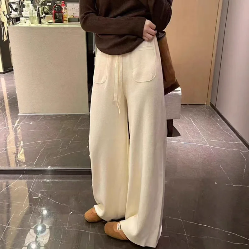 

Новые женские осенние и зимние вязаные широкие брюки в ленивом стиле с эластичной резинкой и высокой талией, прямые брюки длиной до пола с драпировкой