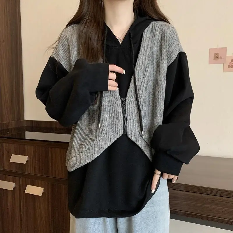 New Style Autumn and Winter Women\'s Contrasting Color Hooded Long Sleeve Fake Two Pieces Oversized Fashionable Casual Tops