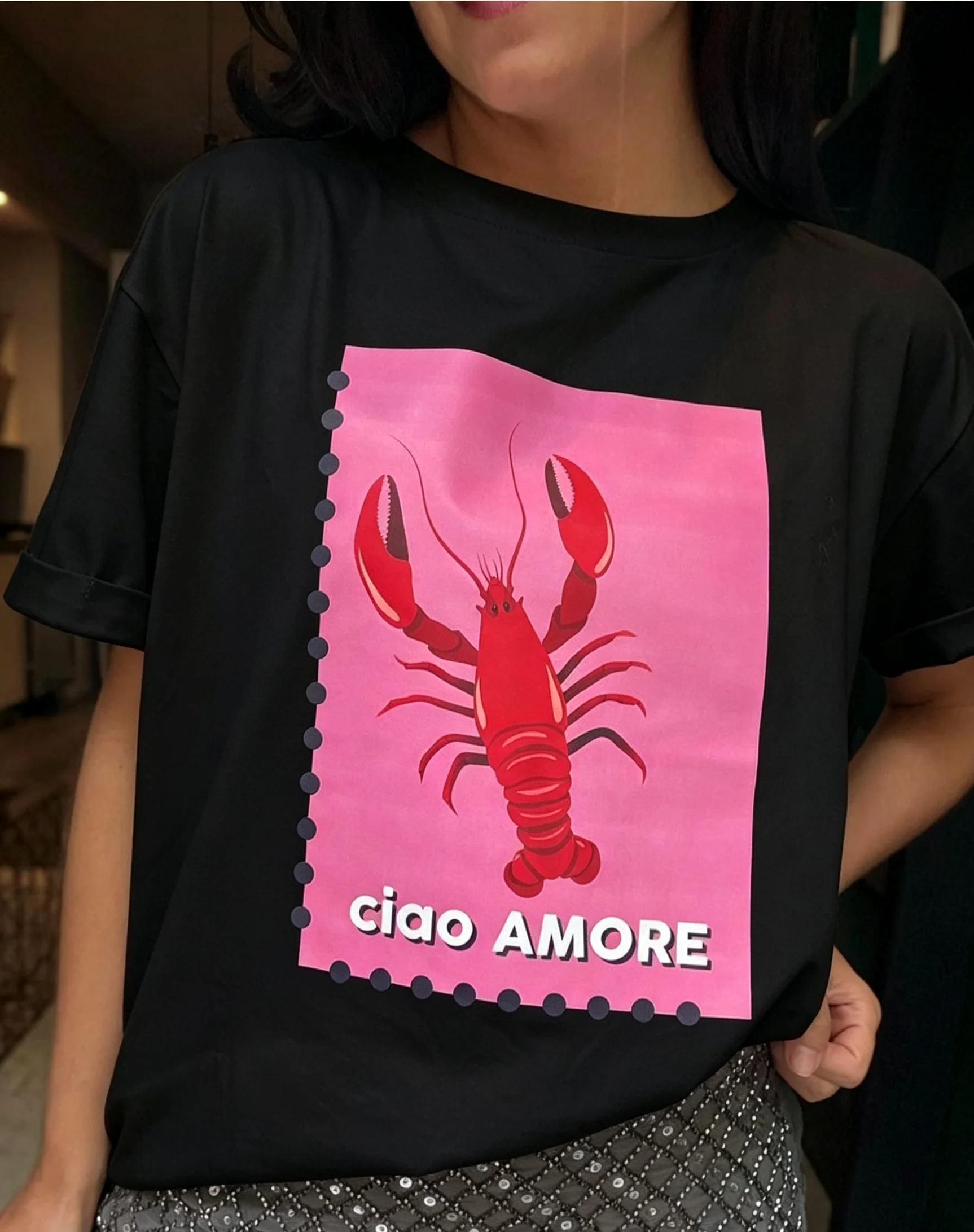 Ciao Amore T Shirt Pink Lobster Poster White Crewneck Loose Top Apparel for Women Summer Bistro Italian Dinner Party Wear