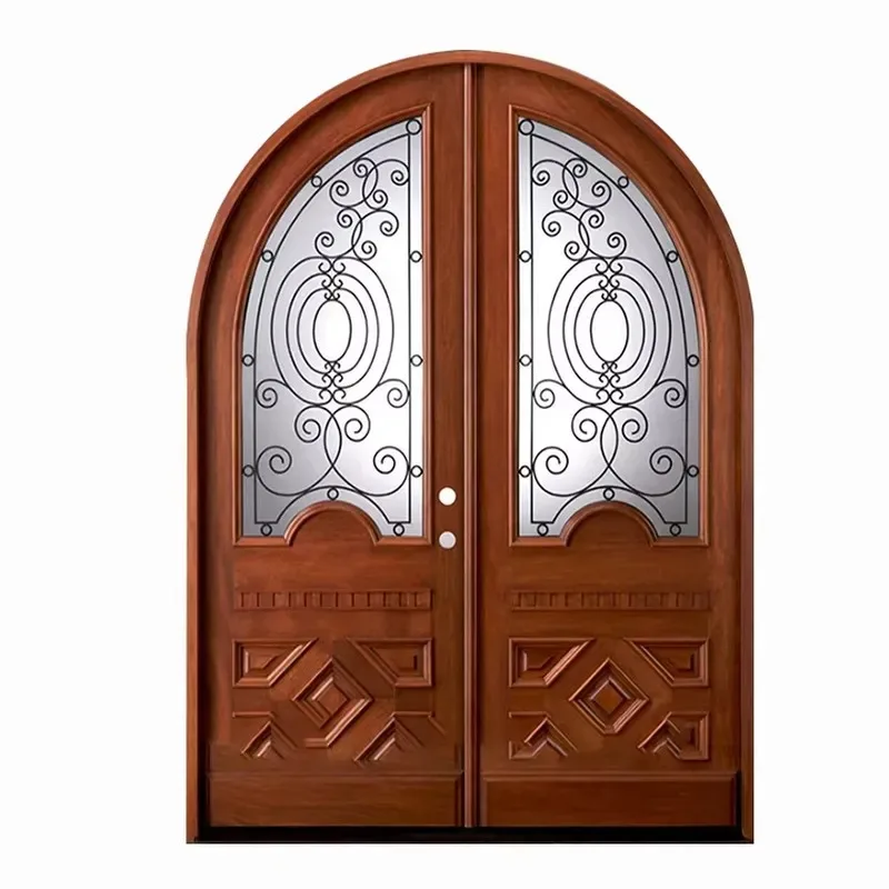 Main Door Solid Wood Arch Engraved Design Wood and Glass Door