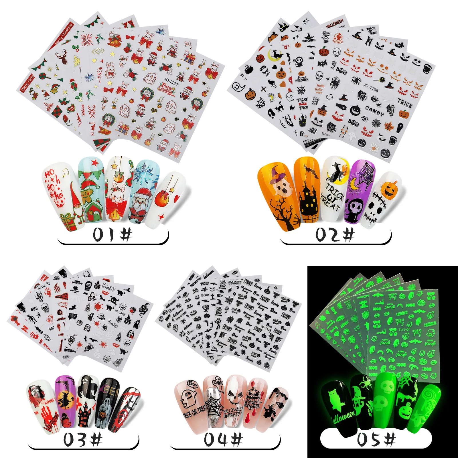 6pcs Halloween Nail Decals Stickers Self-Adhesive DIY Nail Art Tips Glow in dark for Halloween Party, Include Pumpkin/Bat/Ghost