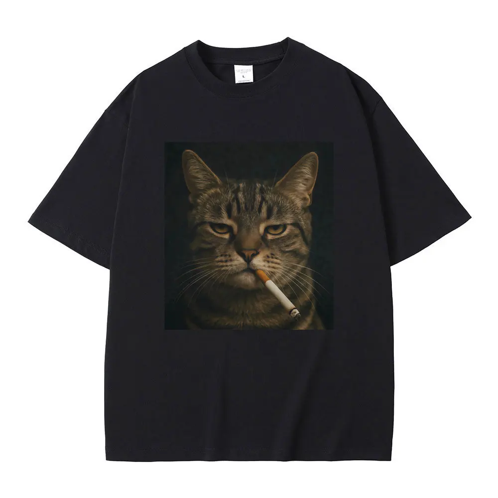 

Cool Smoking Cigarette Cat Fuuny Meme T Shirts Men Women Casual Humor Style T-shirt Men's Oversized 100% Cotton Vintage T-shirts